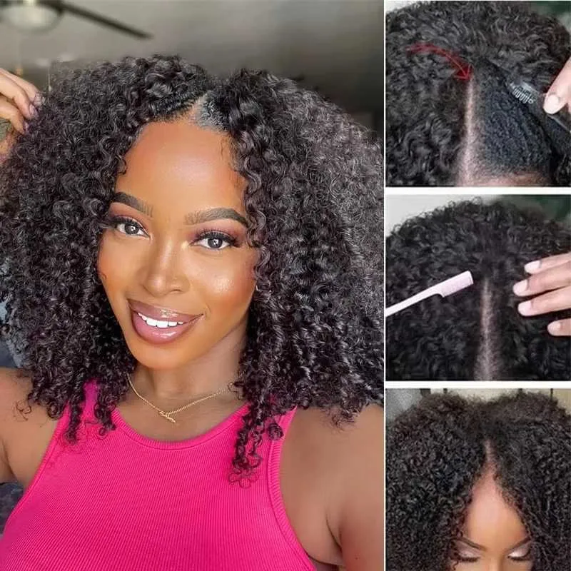 Curly V Part Wig Human Hair No Lace Wig Deep Wave Frontal Wig Water Wave Human Hair Wig Brazilian Hair For Women