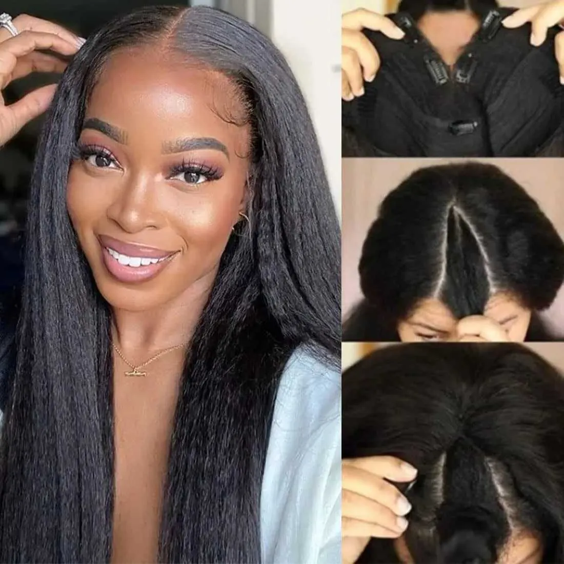 V Part Wig Human Hair Kinky Straight 200 Density No Leave Out V Part Wigs