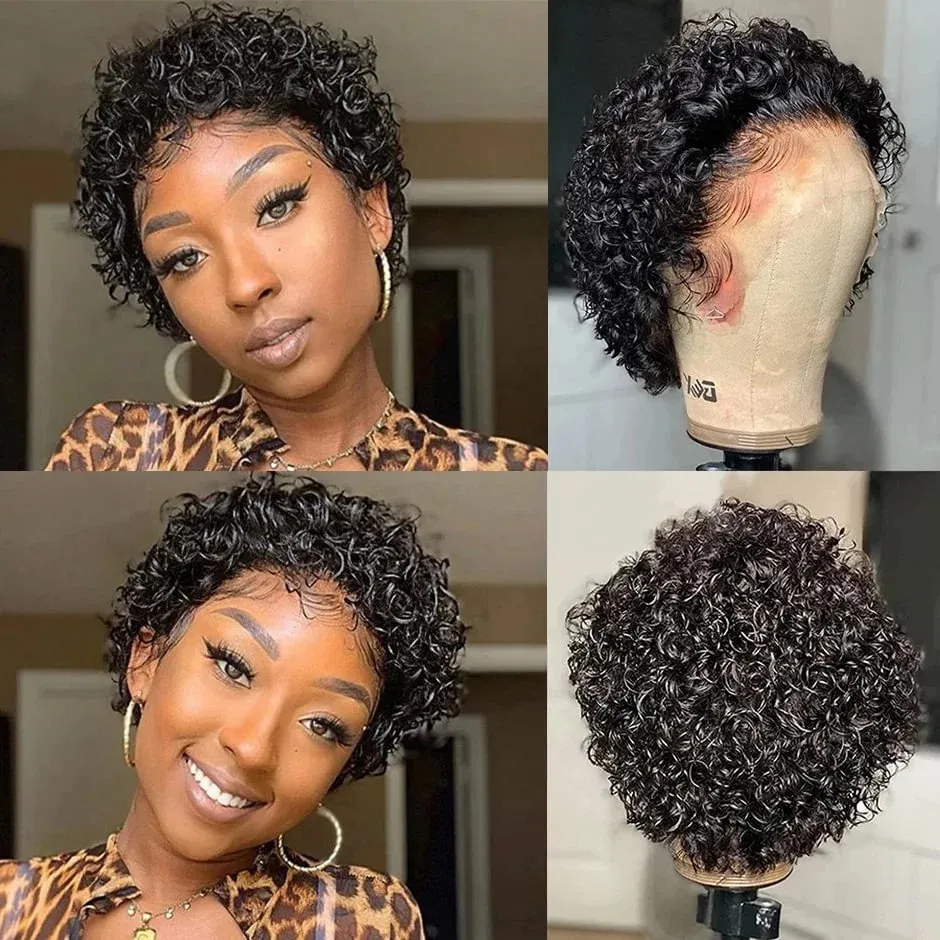 Transparent Lace Front Human Hair Wig Short Kinky Curly Bob Wigs Brazilian Water Wave Human Hair Wigs