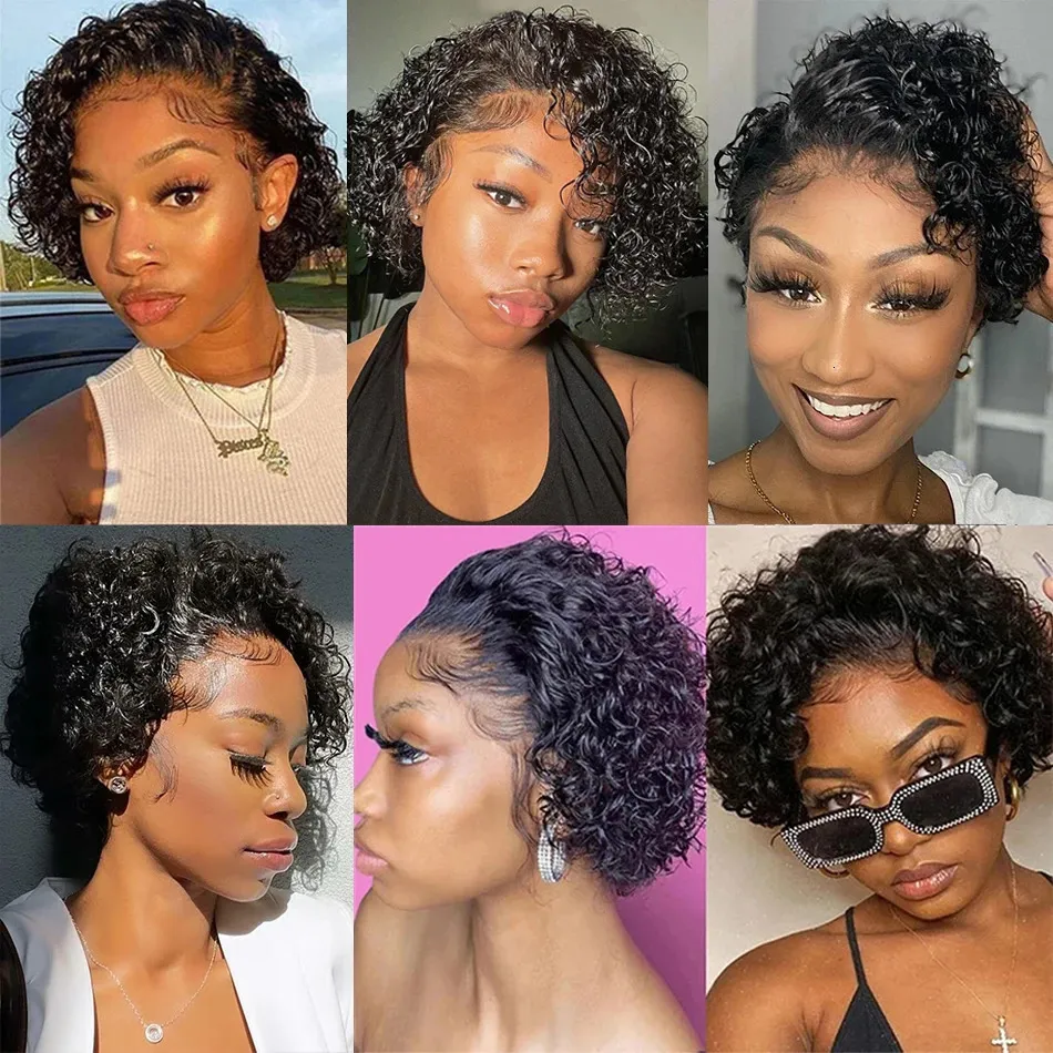 Transparent Lace Front Human Hair Wig Short Kinky Curly Bob Wigs Brazilian Water Wave Human Hair Wigs