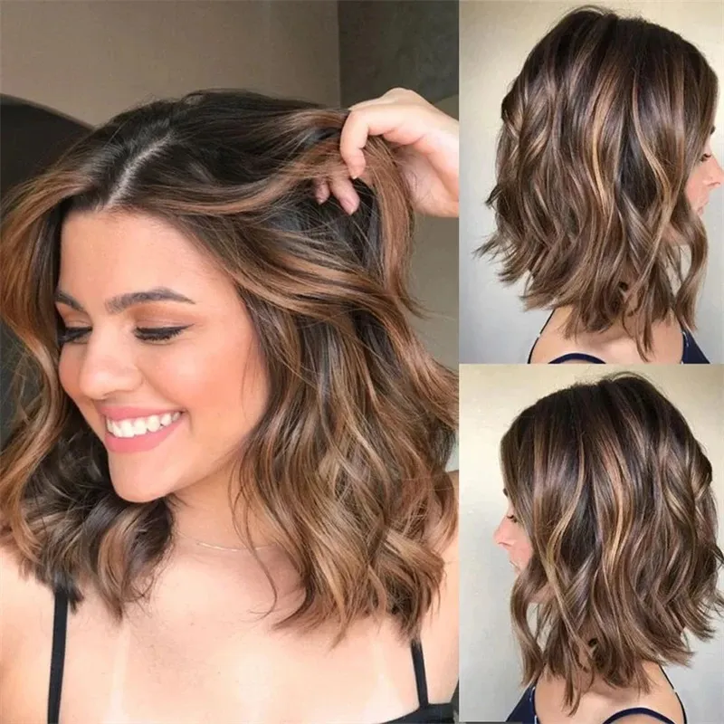 14 Inch Beyonce Style High Density 180% Futura Fiber Short Bob Wig Brown Blonde Highlights Lace Front Wig