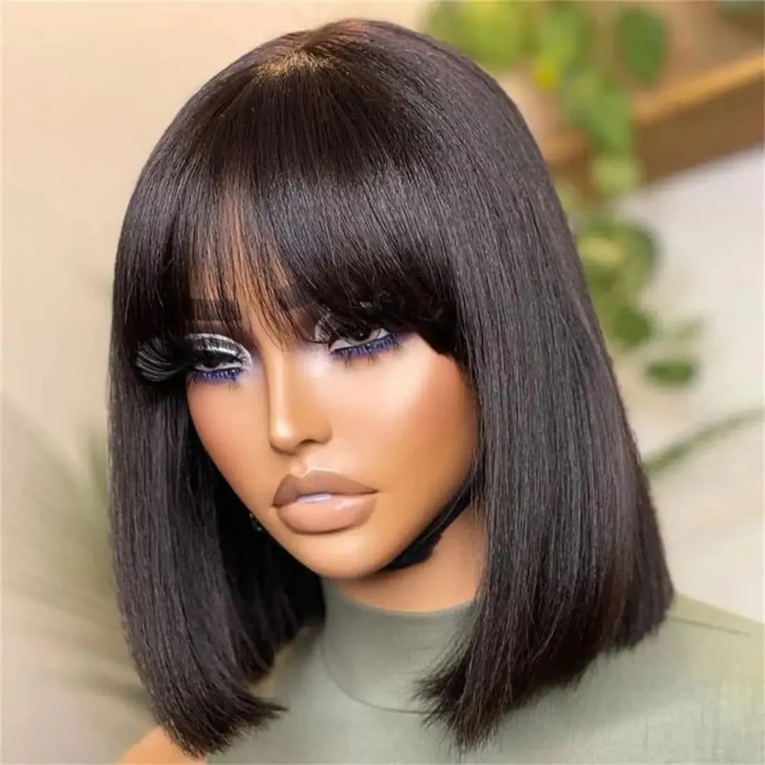  Bob Wig With Bangs Vietnamese Human Hair Double Drawn Bob Wigs