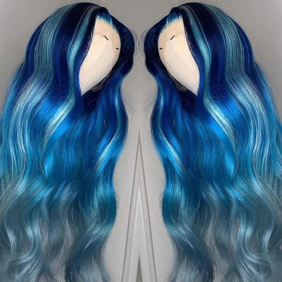  Blue 13x4 Human Hair Lace Frontal Wigs Blue Transparent Lace Front Wigs