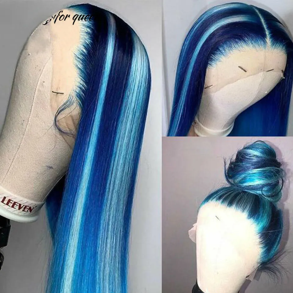  Blue 13x4 Human Hair Lace Frontal Wigs Blue Transparent Lace Front Wigs